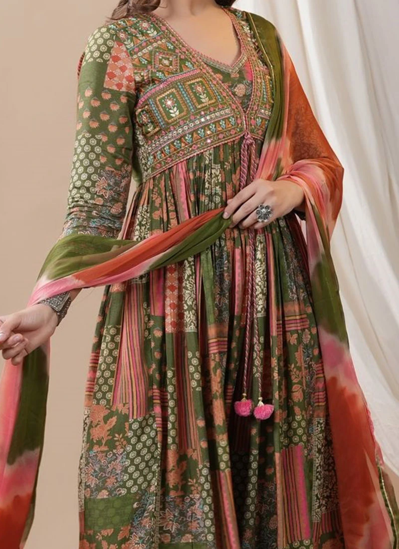 Mehendi Green Muslin Digital Print Anarkali Suit After Six Wear 3 Mehendi Green Muslin Digital Print Anarkali Suit After Six Wear