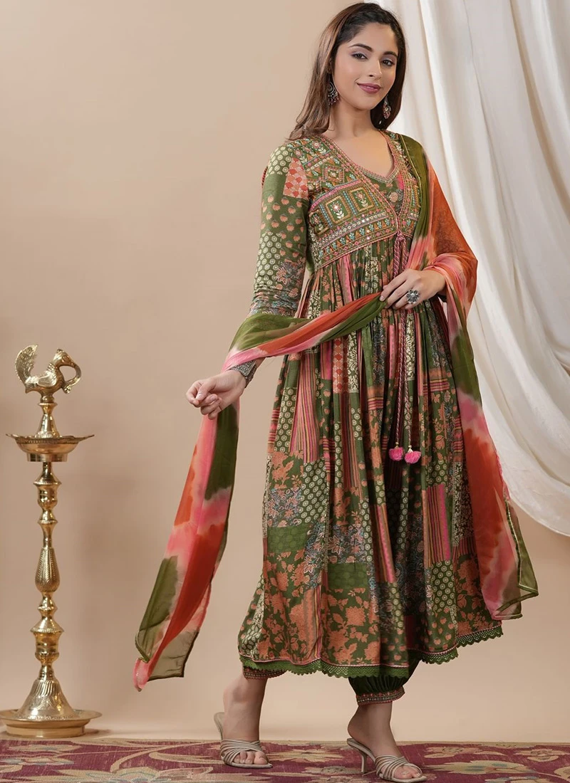 Mehendi Green Muslin Digital Print Anarkali Suit After Six Wear 5 Mehendi Green Muslin Digital Print Anarkali Suit After Six Wear - Image 3