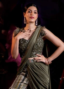 Mehndi Green Pure Chinon Sharara Style Saree Wedding Wear -ZariGrace Shop mehndi green pure chinon sharara style saree sadss30233557 b