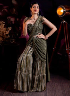 Mehndi Green Pure Chinon Sharara Style Saree Wedding Wear -ZariGrace Shop mehndi green pure chinon sharara style saree sadss30233557 u