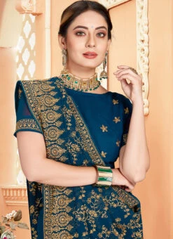 Morpeach Blue Georgette Zari Embroidery Work Saree Party Wear -ZariGrace Shop morpeach blue georgette zari embroidery work saree sasunfl1516 b