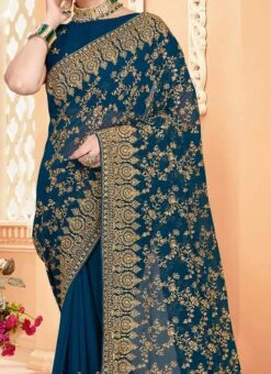 Morpeach Blue Georgette Zari Embroidery Work Saree Party Wear