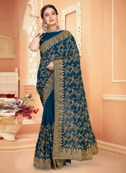 Morpeach Blue Georgette Zari Embroidery Work Saree Party Wear -ZariGrace Shop morpeach blue georgette zari embroidery work saree sasunfl1516 u