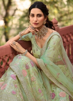 Moss Green Organza Embroidered N Stones Umbrella Lehenga Wedding Wear -ZariGrace Shop moss green organza embroidered n stones umbrella lehenga ghsak42117204 b