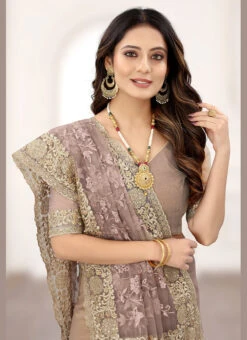 Mouse Grey Net Embroidered And Stones Designer Saree Festive Wear -ZariGrace Shop mouse grey net embroidered and stones designer saree sasnftp5685 b