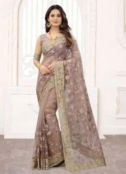 Mouse Grey Net Embroidered And Stones Designer Saree Festive Wear -ZariGrace Shop mouse grey net embroidered and stones designer saree sasnftp5685 u
