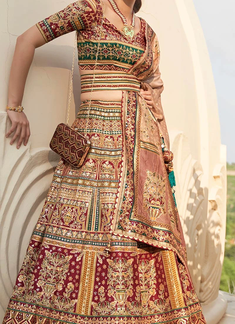 Multicolor Art Silk Banarasi Mirror Work Umbrella Lehenga Wedding Wear 3 Multicolor Art Silk Banarasi Mirror Work Umbrella Lehenga Wedding Wear