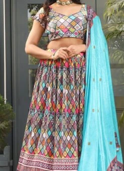 Multicolor Satin Silk Digital Printed Work A Line Lehenga Festive Wear