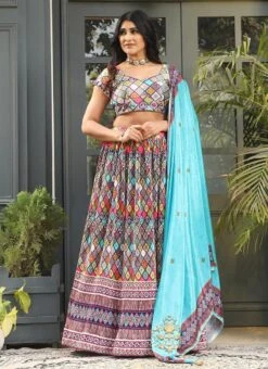 Multicolor Satin Silk Digital Printed Work A Line Lehenga Festive Wear -ZariGrace Shop multicolor satin silk digital printed work a line lehenga ghska4521116 u