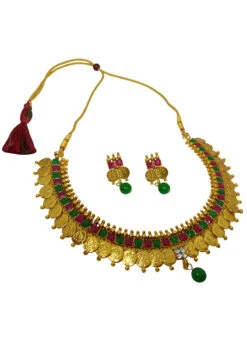 Multicolored Alloy Temple Coin Necklace Set With Earrings N Mangtika Party Wear -ZariGrace Shop multicolored alloy temple coin necklace set with earrings n mangtika jysmvd10858 b