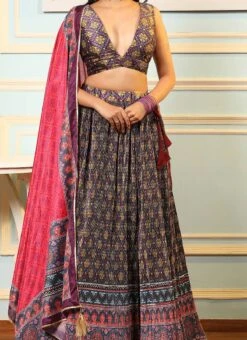 Multicolored Satin Silk Digital Printed Work A Line Lehenga Party Wear