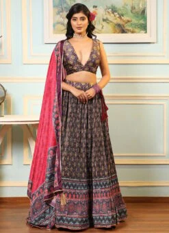 Multicolored Satin Silk Digital Printed Work A Line Lehenga Party Wear -ZariGrace Shop multicolored satin silk digital printed work a line lehenga ghska4551123 u