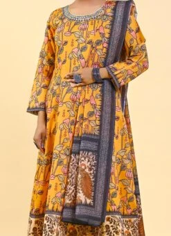 Mustard Art Silk Printed Gown After Six Wear