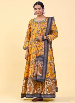 Mustard Art Silk Printed Gown After Six Wear -ZariGrace Shop mustard art silk printed gown bgwrsuf705 u