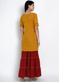 Mustard Cotton Kurta Sharara Set Work Wear -ZariGrace Shop mustard cotton kurta sharara set krsdrnr414 b
