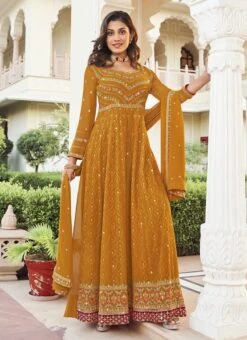 Mustard Faux Georgette Embroidered And Sequins Anarkali Suit Party Wear -ZariGrace Shop mustard faux georgette embroidered and sequins anarkali suit slska46571013 u