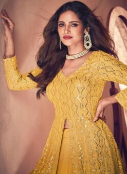 Mustard Faux Georgette Sequins Work Umbrella Lehenga Party Wear -ZariGrace Shop mustard faux georgette sequins work umbrella lehenga ghska4553123q b