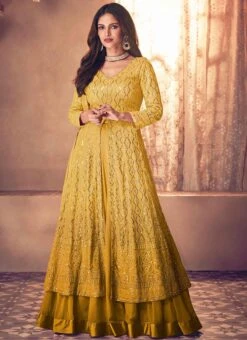Mustard Faux Georgette Sequins Work Umbrella Lehenga Party Wear -ZariGrace Shop mustard faux georgette sequins work umbrella lehenga ghska4553123q u