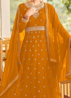 Mustard Georgette Embroidered Anarkali Suit Party Wear