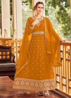 Mustard Georgette Embroidered Anarkali Suit Party Wear -ZariGrace Shop mustard georgette embroidered anarkali suit slsli1921409 u