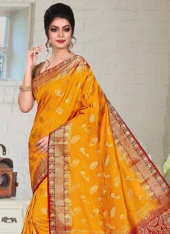 Mustard Kanjeevaram Silk Zari Work Saree Festive Wear -ZariGrace Shop mustard kanjeevaram silk zari work saree sadsf4835 b