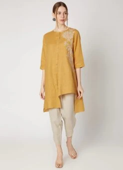 Mustard Linen Kurta Dhoti Pant Set Work Wear -ZariGrace Shop mustard linen kurta dhoti pant set krsdvcsvts26 u