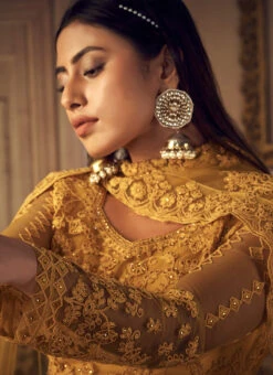 Mustard Net Embroidered N Stones Umbrella Lehenga Party Wear -ZariGrace Shop mustard net embroidered n stones umbrella lehenga ghsli21051005 b