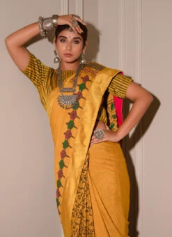 Mustard Pure Chinon Hand Block Print Work Saree Party Wear -ZariGrace Shop mustard pure chinon hand block print work saree sajthasethbsrmst9 b