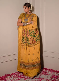 Mustard Pure Chinon Hand Block Print Work Saree Party Wear -ZariGrace Shop mustard pure chinon hand block print work saree sajthasethbsrmst9 u