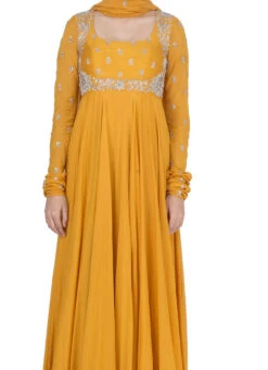 Mustard Pure Silk Zari N Sequins Work Anarkali Suit Party Wear