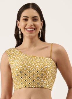 Mustard Raw Silk Embroidery One Shoulder Blouse Party Wear -ZariGrace Shop mustard raw silk embroidery one shoulder blouse blspfb150mu u