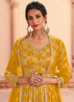 Mustard Satin Silk Jacquard Weaving Anarkali Suit Party Wear -ZariGrace Shop mustard satin silk jacquard weaving anarkali suit slska4304503b b