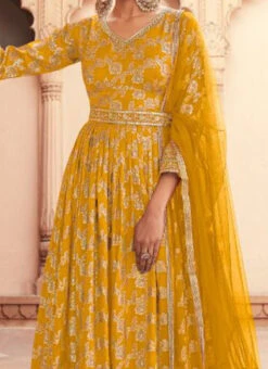 Mustard Satin Silk Jacquard Weaving Anarkali Suit Party Wear