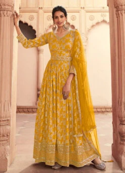 Mustard Satin Silk Jacquard Weaving Anarkali Suit Party Wear -ZariGrace Shop mustard satin silk jacquard weaving anarkali suit slska4304503b u