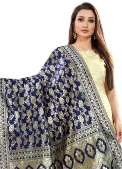 Navy Blue Art Silk Benarasi Dupatta Party Wear -ZariGrace Shop navy blue art silk benarasi dupatta dusli105blu b