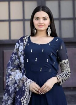 Navy Blue Art Silk Embroidered Anarkali Suit Party Wear -ZariGrace Shop navy blue art silk embroidered anarkali suit slsrk174940 b
