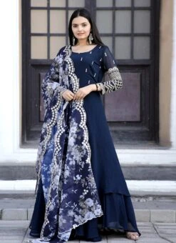Navy Blue Art Silk Embroidered Anarkali Suit Party Wear -ZariGrace Shop navy blue art silk embroidered anarkali suit slsrk174940 u