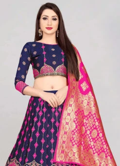 Navy Blue Banarasi Silk Brocade Work A Line Lehenga Choli Festive Wear -ZariGrace Shop navy blue banarasi silk brocade work a line lehenga choli ghsommr2597 b