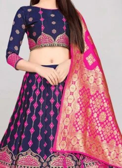 Navy Blue Banarasi Silk Brocade Work A Line Lehenga Choli Festive Wear