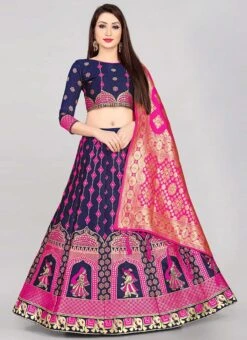 Navy Blue Banarasi Silk Brocade Work A Line Lehenga Choli Festive Wear -ZariGrace Shop navy blue banarasi silk brocade work a line lehenga choli ghsommr2597 u