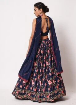Navy Blue Banarasi Silk Printed Umbrella Lehenga Party Wear -ZariGrace Shop navy blue banarasi silk printed umbrella lehenga ghsom2291 b