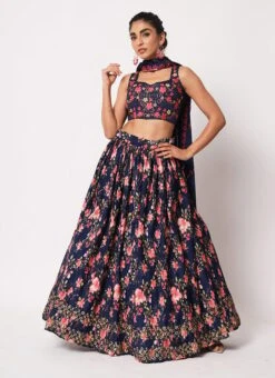 Navy Blue Banarasi Silk Printed Umbrella Lehenga Party Wear -ZariGrace Shop navy blue banarasi silk printed umbrella lehenga ghsom2291 u