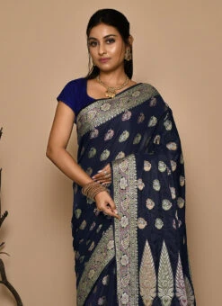 Navy Blue Banarasi Silk Zari Work Saree Party Wear -ZariGrace Shop navy blue banarasi silk zari work saree savns689a b