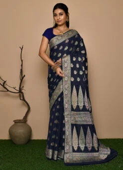 Navy Blue Banarasi Silk Zari Work Saree Party Wear -ZariGrace Shop navy blue banarasi silk zari work saree savns689a u
