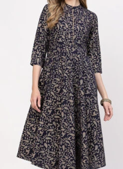 Navy Blue Cotton Printed Anarkali Suit Work Wear