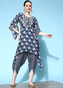 Navy Blue Cotton Printed Kurta Dhoti Set After Six Wear -ZariGrace Shop navy blue cotton printed kurta dhoti set krsmz276732nbl u