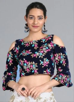Navy Blue Embroidered Velvet Blouse Party Wear -ZariGrace Shop navy blue embroidered velvet blouse BLBS02305251 u