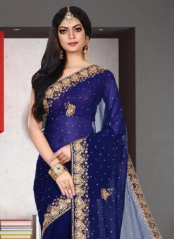 Navy Blue Faux Georgette Hand Work Sari Party Wear -ZariGrace Shop navy blue faux georgette hand work sari sadsf7223 b