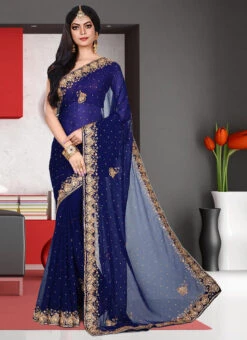 Navy Blue Faux Georgette Hand Work Sari Party Wear -ZariGrace Shop navy blue faux georgette hand work sari sadsf7223 u