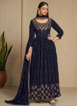 Navy Blue Faux Georgette Sequins Dresses And Gown Party Wear -ZariGrace Shop navy blue faux georgette sequins dresses and gown bgwrsad7101 u